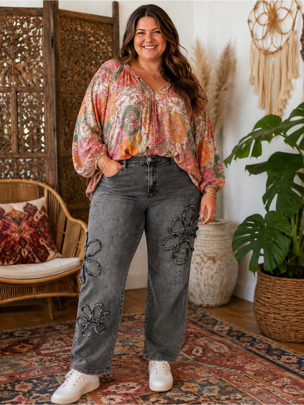 197 easel Charcoal Gray Floral Applique Embroidered Wide Leg Jeans Size 1X